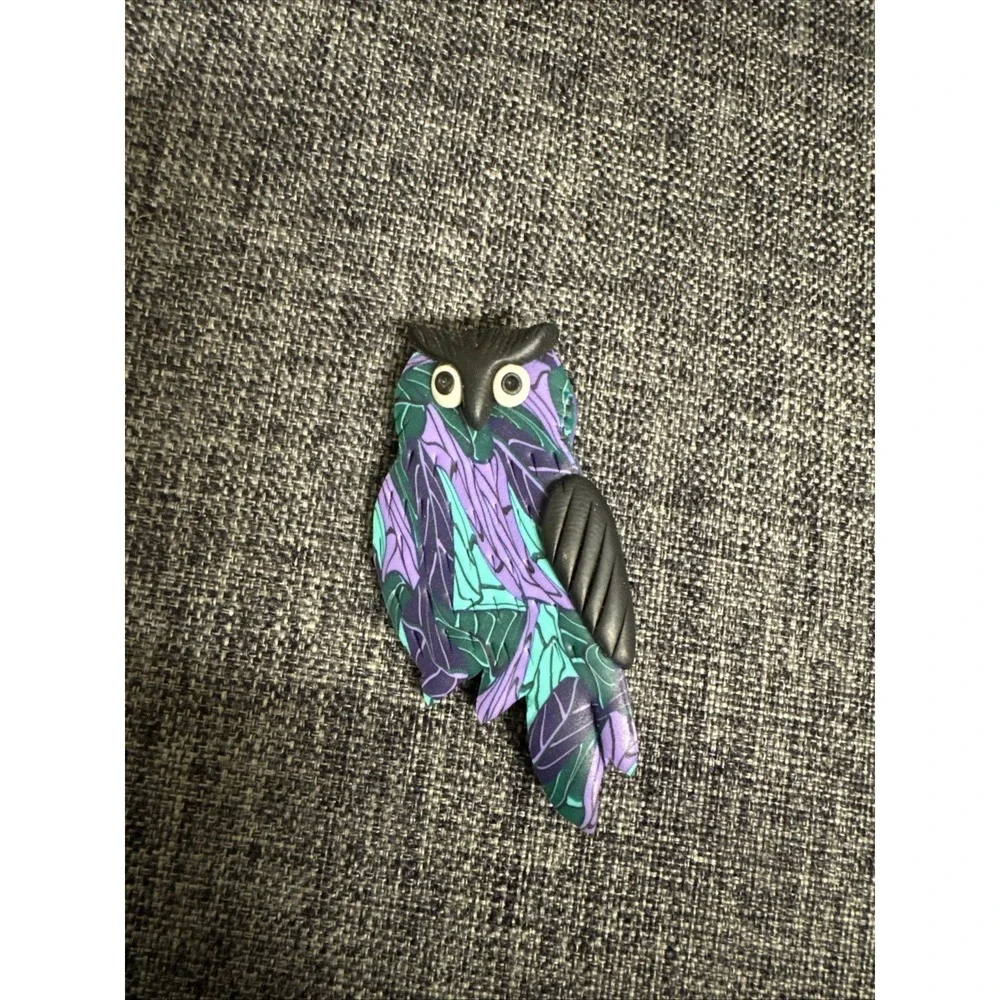 Handmade‎ Vintage Polymer Clay Owl Brooch - Purple Art To Wear Teacher Nature